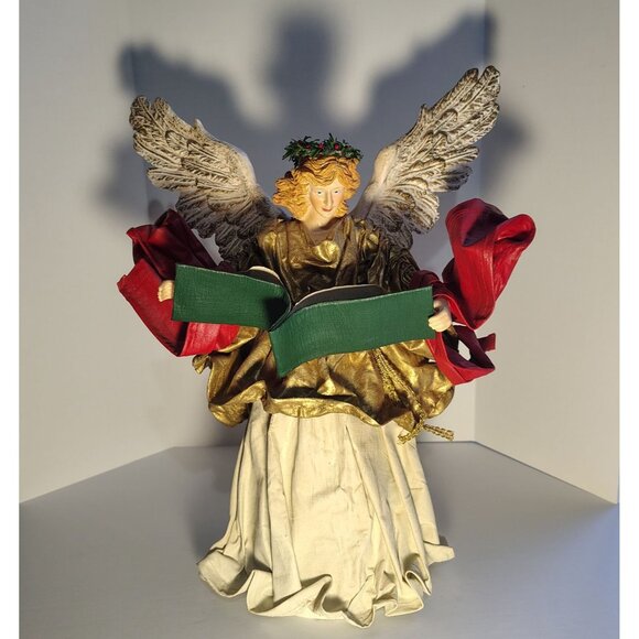 Antique Angel Figurine With Wings Holding Green Scroll & Red Ribbon Accents - Picture 2 of 16